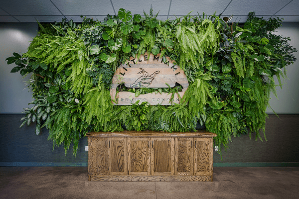 the entrance to Little Miami Brewery in Cincinnati A photo of the entrance to Little Miami Brewery in Cincinnati, perfect for a graduation party. A large, lush green wall covers the entire back wall, with various ferns and other plants creating a natural and inviting atmosphere. In the center of the wall is a wooden sign with the words "Little Miami Brewery" and a pair of hands holding a beer mug.