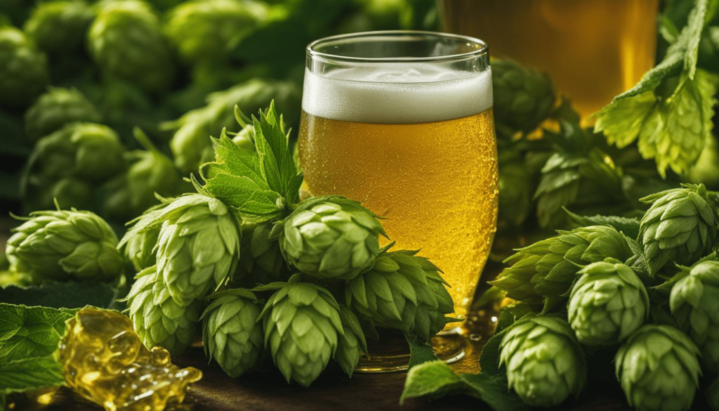 A glass of beer with fresh hops. A glass of beer with fresh hops.