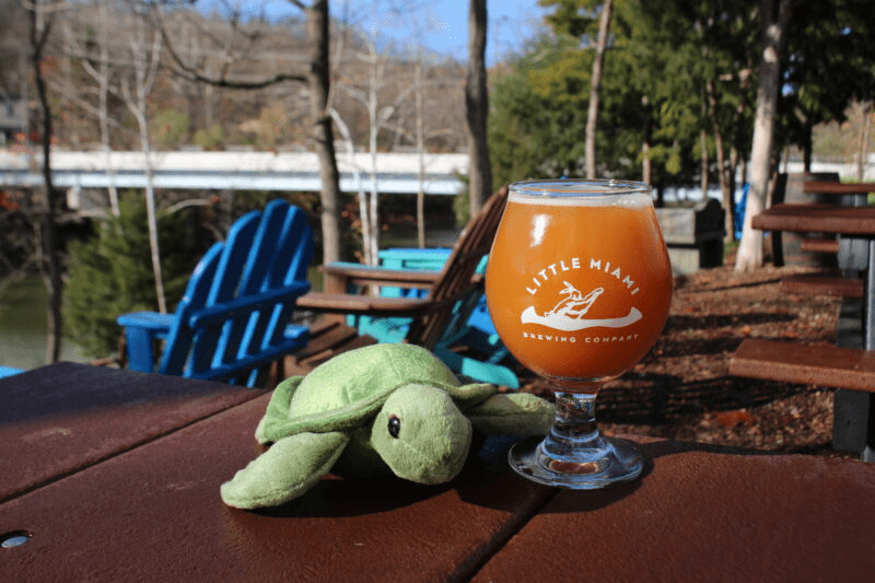 A glass of Little Miami Brewing Company beer A glass of Little Miami Brewing Company beer sits on a wooden table outside with a stuffed turtle and a scenic view of the river.